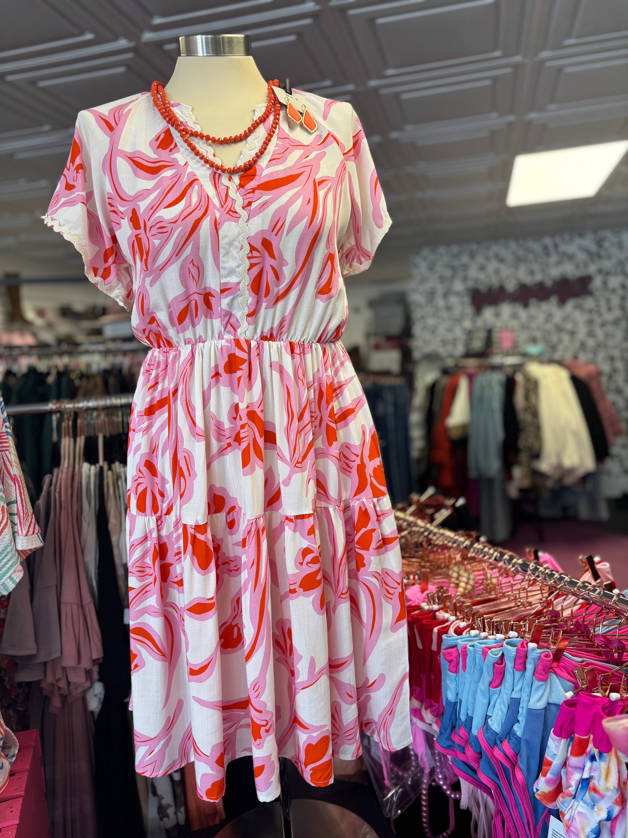 Pink Floral Scalloped Dress Large