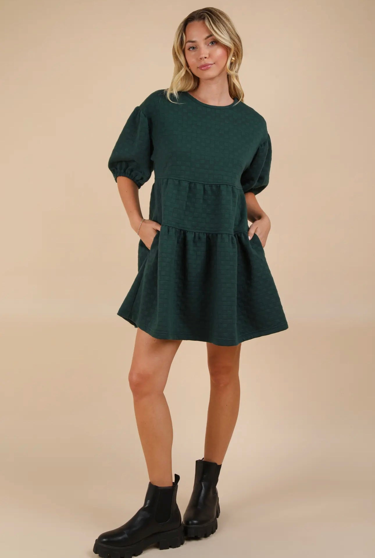 Green Quilted Puff Sleeve Babydoll Dress Large Green Quilted Puff Sleeve Babydoll Dress Large