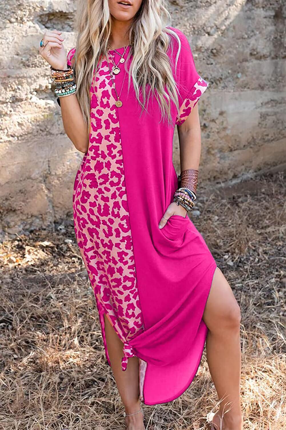 pink leopard print maxi dress Women's Shape Pink Tropical Print Strappy Cowl Neck Maxi Dress
